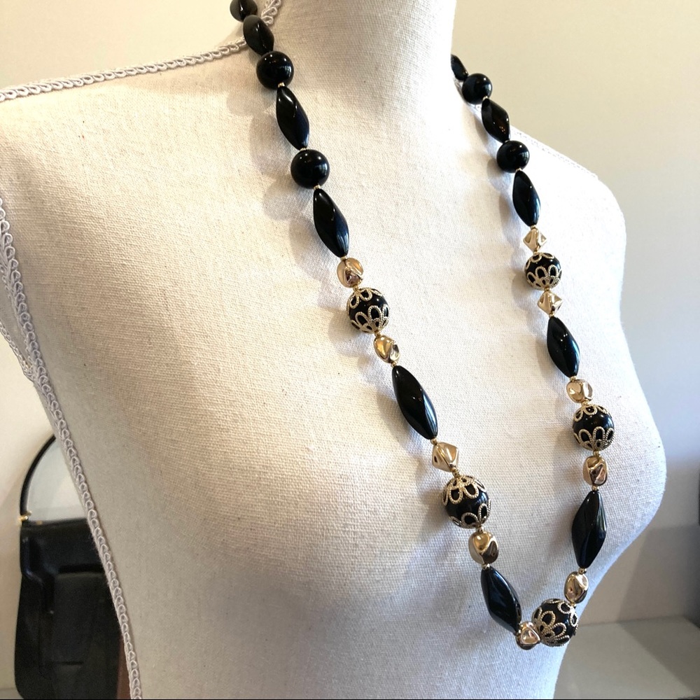 Avon NWT Vintage 28” Black Bead Necklace, Gold Tone Details, Removable Extender